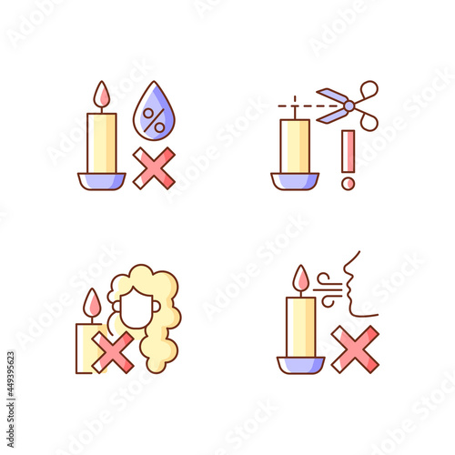 Candle safety warning RGB color manual label icons set. Avoid exposure to moisture. Trim candle wick. Isolated vector illustrations. Simple filled line drawings collection for product use instructions