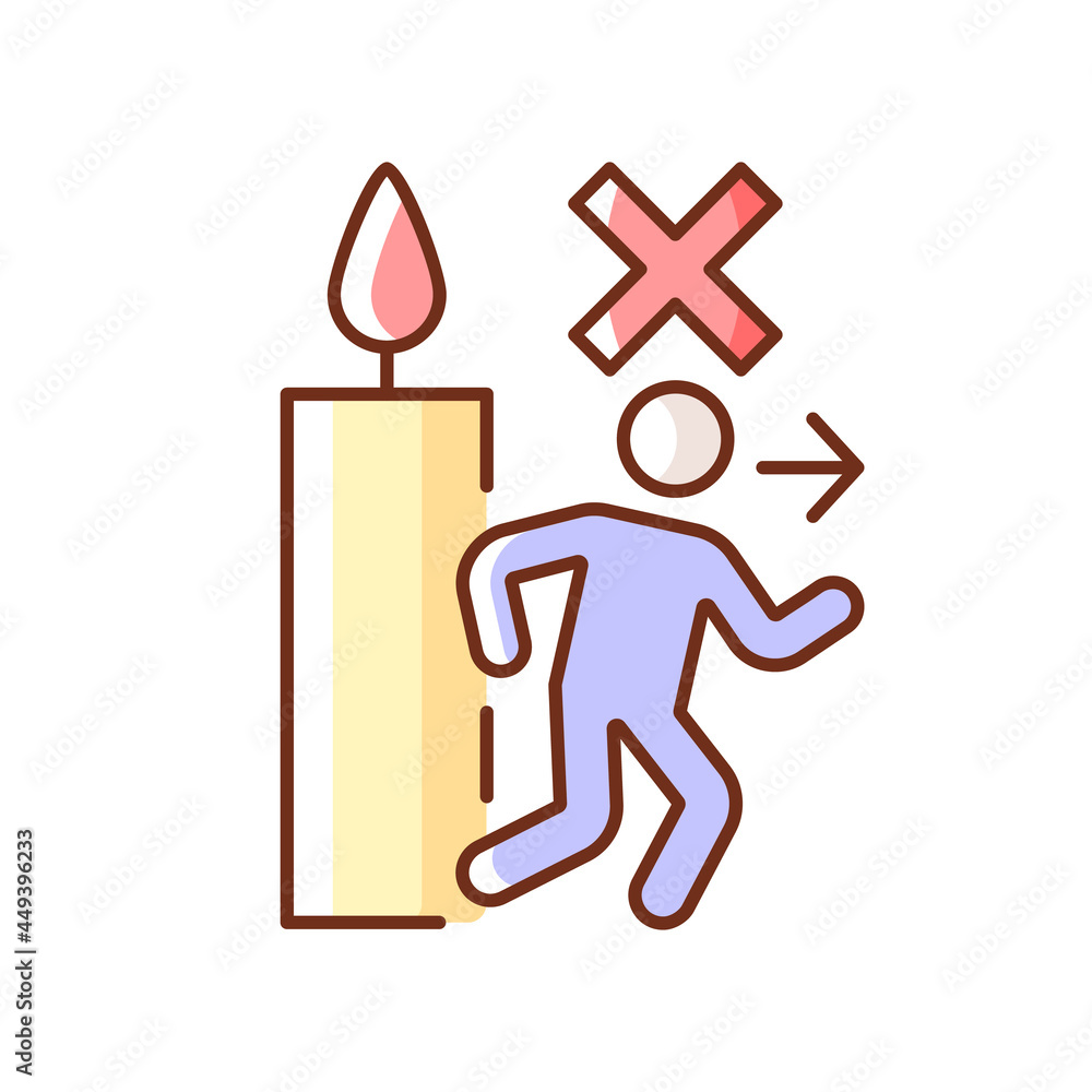 Never leave burning candle RGB color manual label icon. Unstable, large