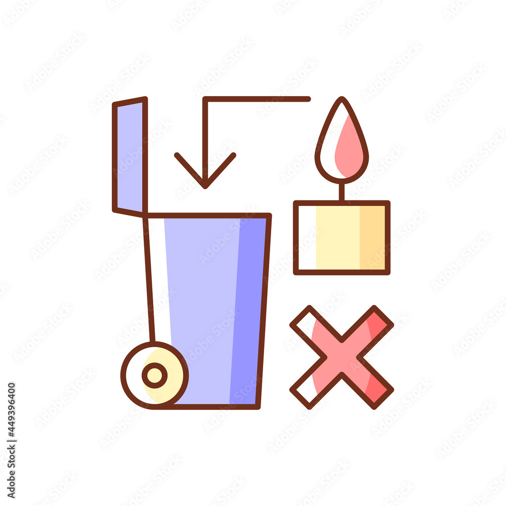 Never throw hot wax in trash bin RGB color manual label icon. Danger