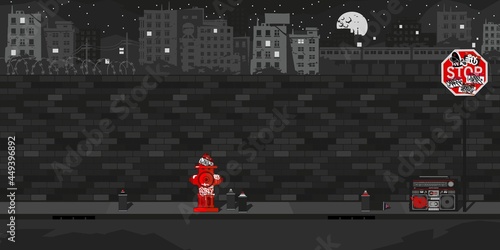 Dark Black Flat Empty Night Brick Wall With Background Of The Cityscape Vector Illustration Template