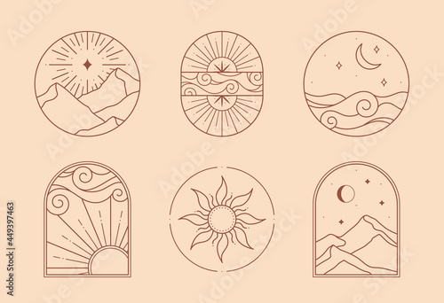 Bundle of vector bohemian logos; icons;symbols with sun;mountain landscape;aurora lights;crescent moon;sea;sky;star and sunburst. Boho linear symbols in trendy minimal style.Modern celestial emblems.