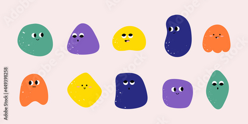 Colorful Vector set with cheerful face emotions. Different shapes. Hand drawn trendy Vector illustration for kids. Cute funny characters. Emoji flat background pattern. All elements are isolated