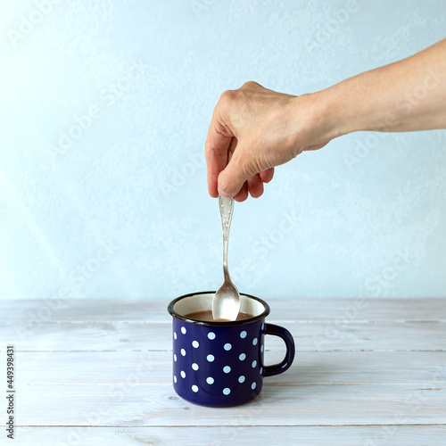  Mug with cocoa.Square. Close up.Background with copy space. photo