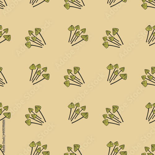 Green psilocybe semilanceata mushroom contoured ornament seamless pattern. Light orange background.