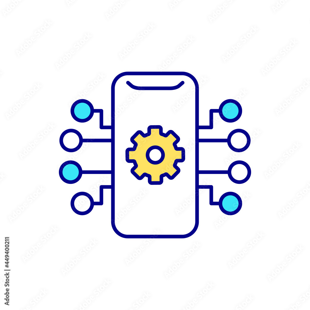 Smartphone and gear on display RGB color icon. Mobile phone and settings. Phone software. Application landscape. App management. Isolated vector illustration. Simple filled line drawing Smartphone and gear on display RGB color icon. Mobile phone and settings. Phone software. Application landscape. App management. Isolated vector illustration. Simple filled line drawing