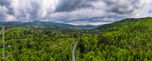 Panoramic View on Rad in Bieszczady Mountains in Poland. Aerial Drone View photo