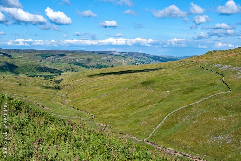 Yorkshire Dales landscape with mountains and blue sky, on the Buttertubbs Pass.