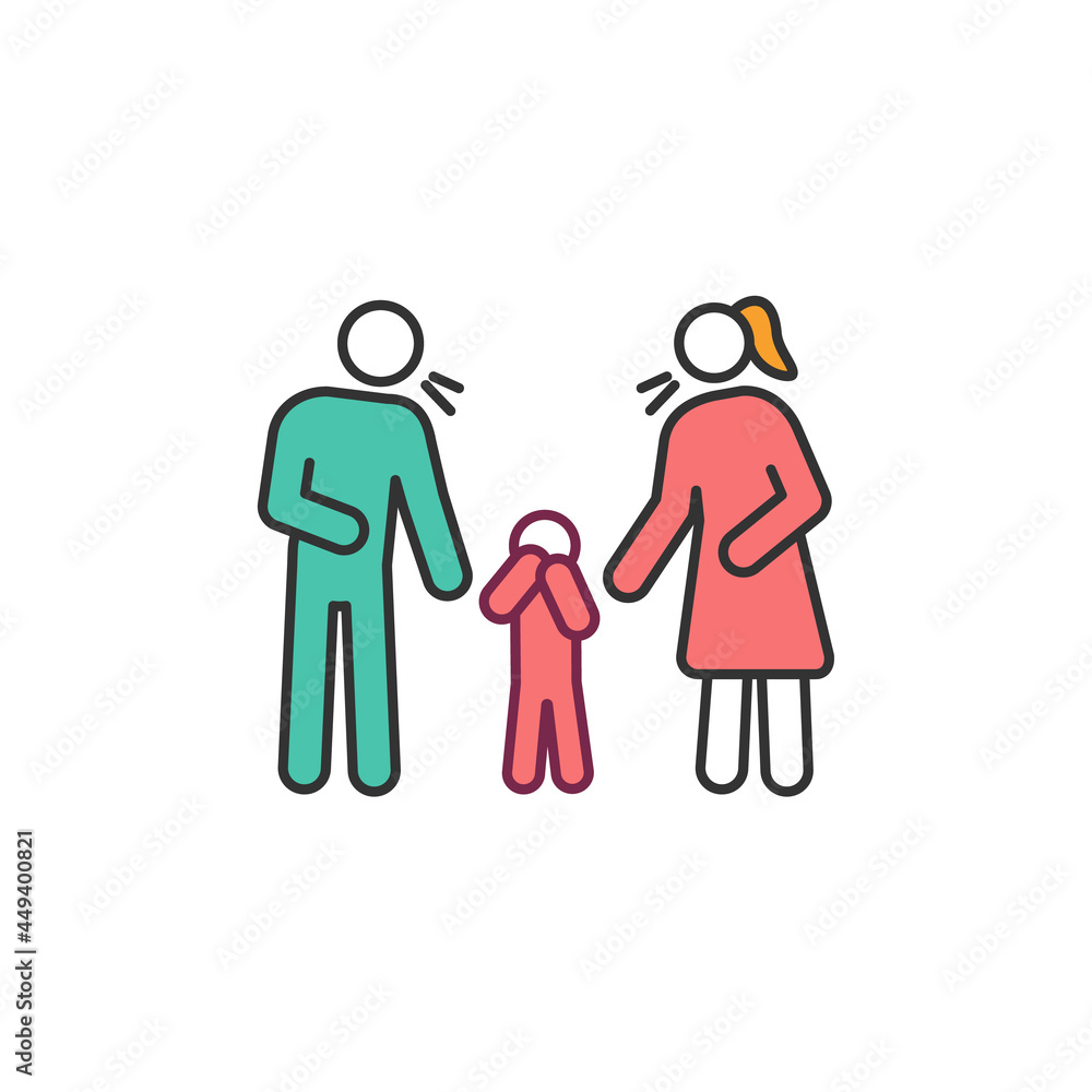 Parenting problems RGB color icon. Parents swear and child suffer. Marriage crisis. Adulthood psychology. Family conflict. Emotional distress. Isolated vector illustration. Simple filled line drawing Parenting problems RGB color icon. Parents swear and child suffer. Marriage crisis. Adulthood psychology. Family conflict. Emotional distress. Isolated vector illustration. Simple filled line drawing