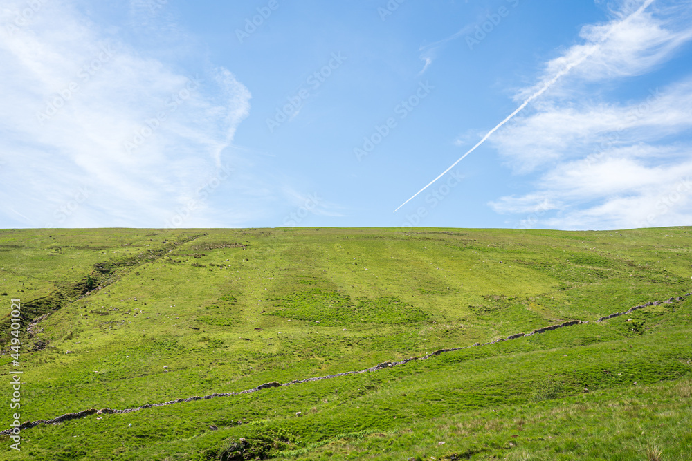 Lush green hillside with sheep and bright blue skies with some clouds and a jet stream, South Wales, United Kingdom Lush green hillside with sheep and bright blue skies with some clouds and a jet stream, South Wales, United Kingdom