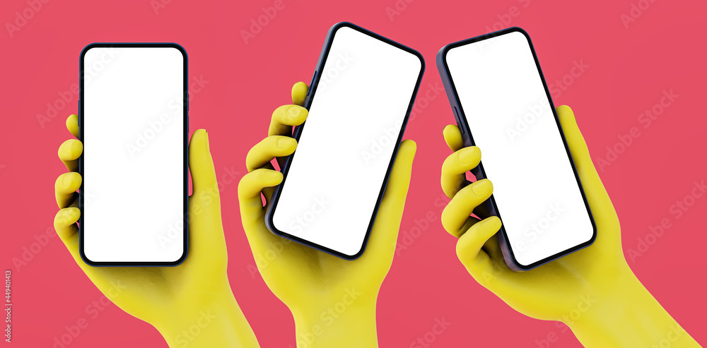 Hands are holding smartphones with blank screen - 3d rendered yellow ...