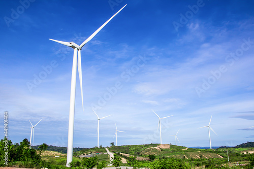Wind turbine fields in the village for electricity generation landmark at Khao Kho District, Phetchabun Province important tourist spot in Thailand photo