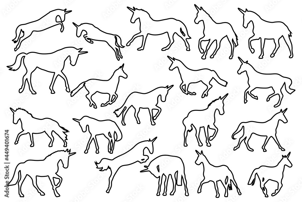 Unicorn outline silhouettes on white background Unicorn outline silhouettes on white background