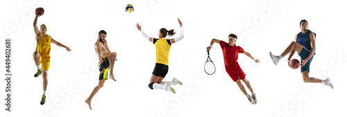 Sport collage. Tennis, volleyball, basketball players in motion isolated on white studio background.