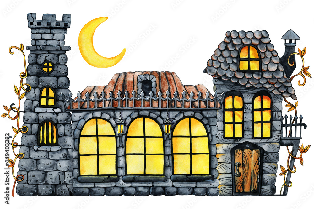 Obraz premium Gothic castle clipart, halloween horrible house and banquet hall. Hand drawn watercolor illustration isolated on white white. Haunted house, landscape, landscape for Halloween holiday design