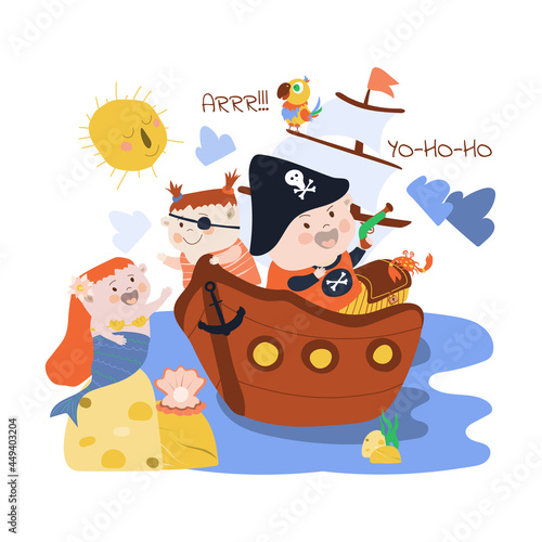 Evil pirate with his friend and parrot sailing on a ship. Beautiful mermaid sitting on a rock. Vector illustration in cartoon style on white isolated background. For printing postcards, posters
