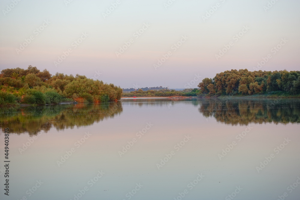 Quiet beautiful sunset on the river in summer autumn fall in Europe, Ukraine, Yezupil. River Dnister 5