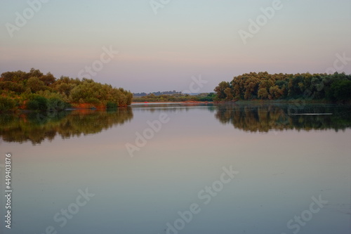 Quiet beautiful sunset on the river in summer autumn fall in Europe, Ukraine, Yezupil. River Dnister 4