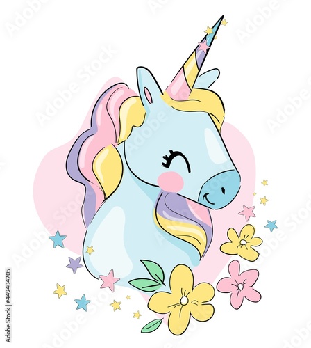 Hand drawn cute unicorn and flowers magic vector illustration. Childrens Trend Print picture