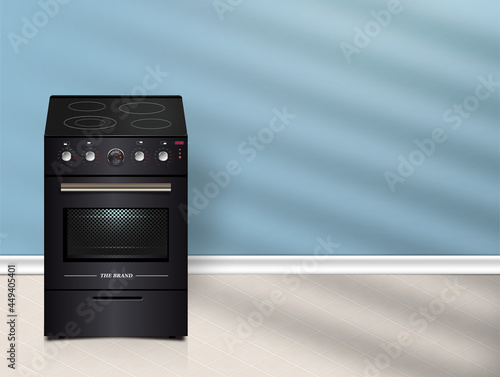 Vector 3D kitchen stove on the tile. Illustration of kitchen appliances background.