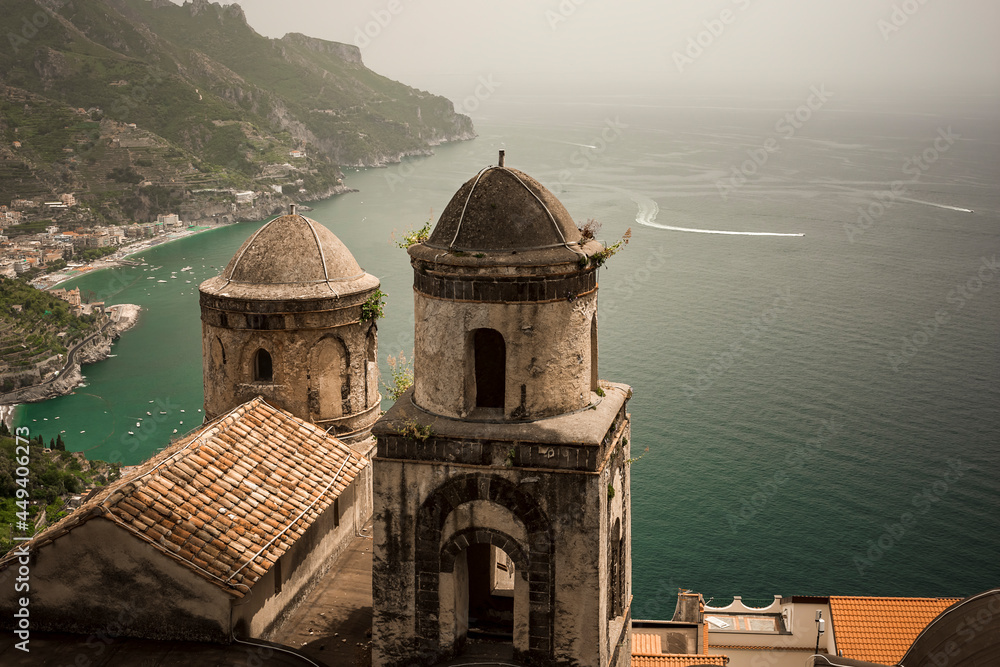 from the gardens of Villa Rufolo in Ravello, a small village on the Amalfi coast, you can see the bell tower of the church of the Madonna Annunziata