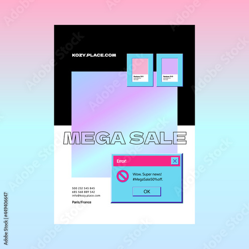 Retro poster template with user interface.  Vintage sale banner with computer software control screen panels and dialogs. Vector illustration