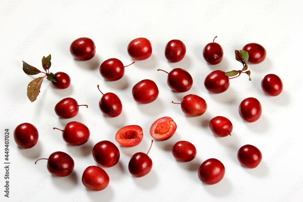 Prunus cerasifera var. pissardii or Spidola plum - Caucasian plum variety bred in Latvia. A small red plum Prunus cerasifera var. pissardii or Spidola plum - Caucasian plum variety bred in Latvia. A small red plum