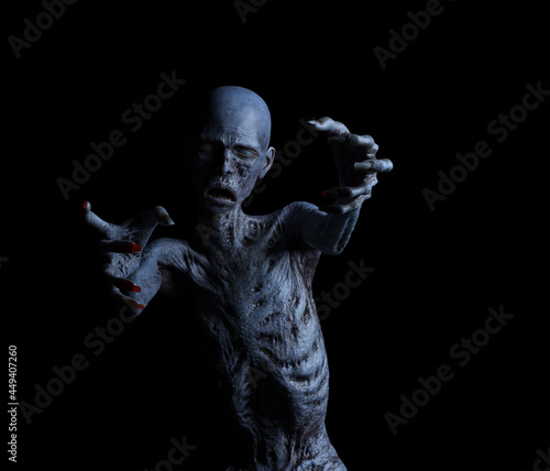 3d illustration of a zombie with long arms reaching out of the darkness