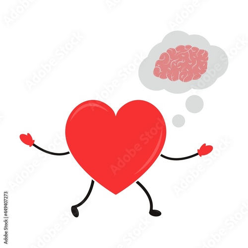 Emotional Quotient and Intelligence. Heart in cartoon style. Conflict between emotions and rational thinking. Heart and Brain concept.