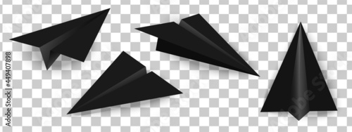 Realistic paper plane and origami airplane black icon set.Handmade black paper planes. 3D model of planes isolated on transparent background.vector in eps 10