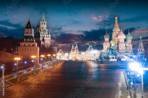 Evening Moscow. Russian cities. Kremlin on Christmas eve. Christmas market in the distance. Center of Moscow on a holiday night. New year in the Russian Federation. New year celebration on red square.