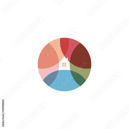 Gardening round logo landscape design logotype, chalet abstract color icon. Colorful petal or leaves around house. Overlay colored emblem farming, eco house, vegetarian kindergarten, botanical garden