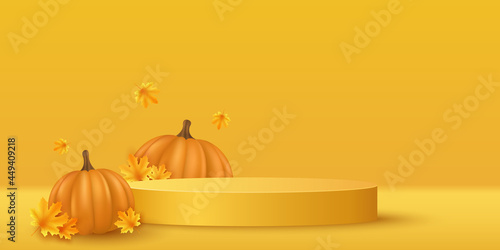 Autumn podium with realistic 3d pumpkin and maple leaves to display your brand products for Thanksgiving. Showcase and shelf. Empty scene. Vector illustration