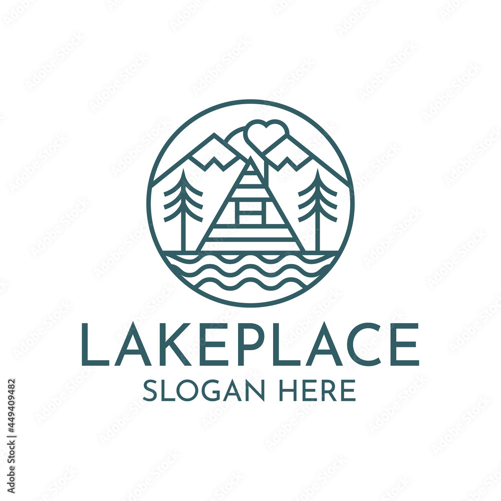The logo design of the inn by the lake, there are symbols of a wooden house, lake, mountain, moon or sun, and a love-shaped chimney combined into one design. The logo design of the inn by the lake, there are symbols of a wooden house, lake, mountain, moon or sun, and a love-shaped chimney combined into one design.