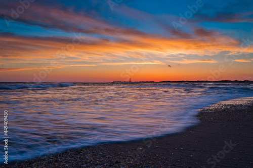 Beach and Cape May Point Lighthouse at Sunsrt, Cape May, New Jersey