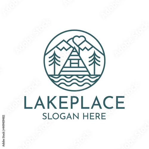 The logo design of the inn by the lake  there are symbols of a wooden house  lake  mountain  moon or sun  and a love-shaped chimney combined into one design.