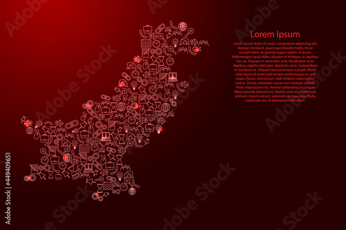 Pakistan map from red and glowing stars icons pattern set of SEO analysis concept or development, business. Vector illustration.