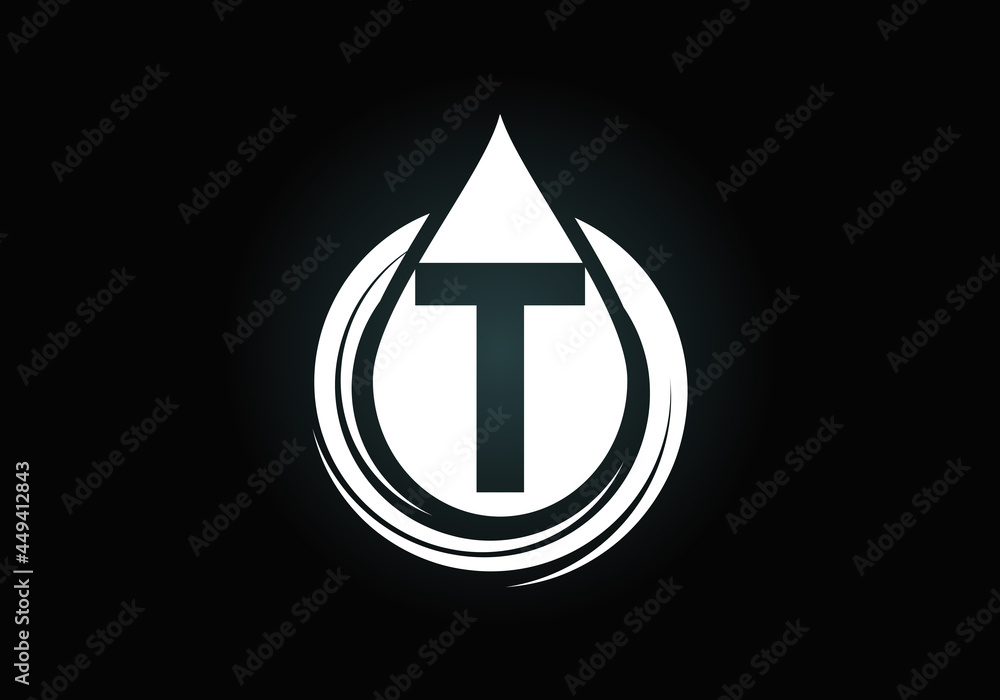 Initial T monogram alphabet with water drop in a spiral. Waterdrop logo design vector template. Font emblem. Modern vector logo for business and company identity
