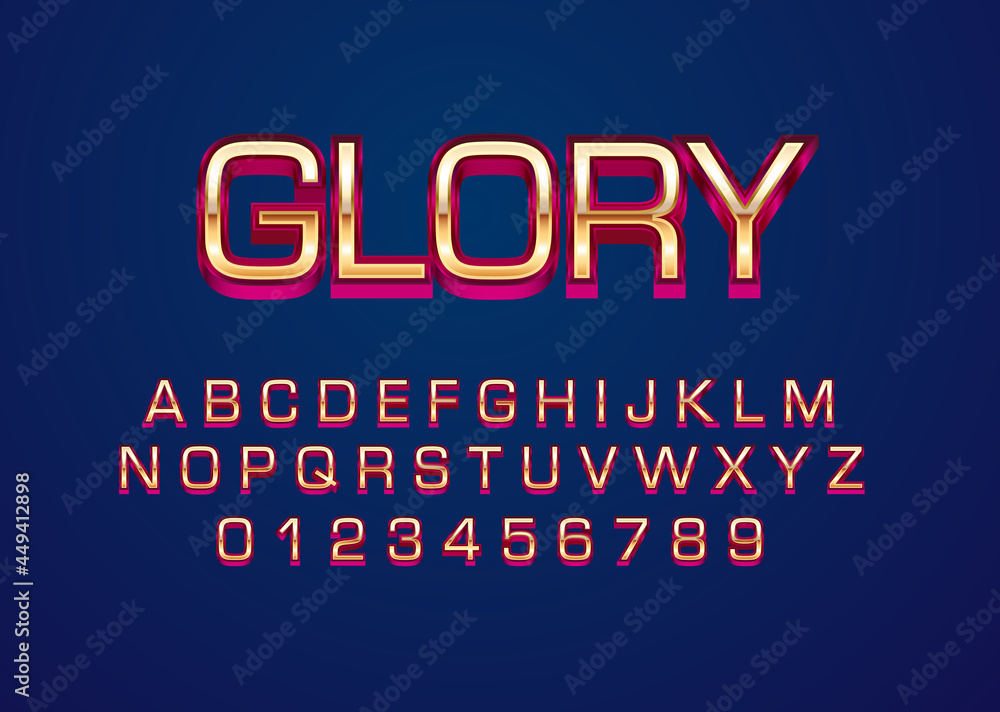 Glory gold red font effect. Set of alphabet character and number in gold metal style for logo template, typography headline, poster, game logo Glory gold red font effect. Set of alphabet character and number in gold metal style for logo template, typography headline, poster, game logo