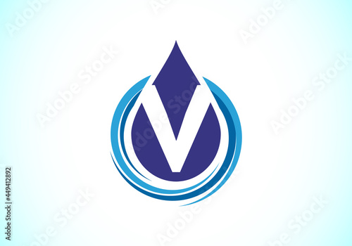 Initial V  monogram alphabet with water drop in a spiral. Waterdrop logo design vector template. Font emblem. Modern vector logo for business and company identity