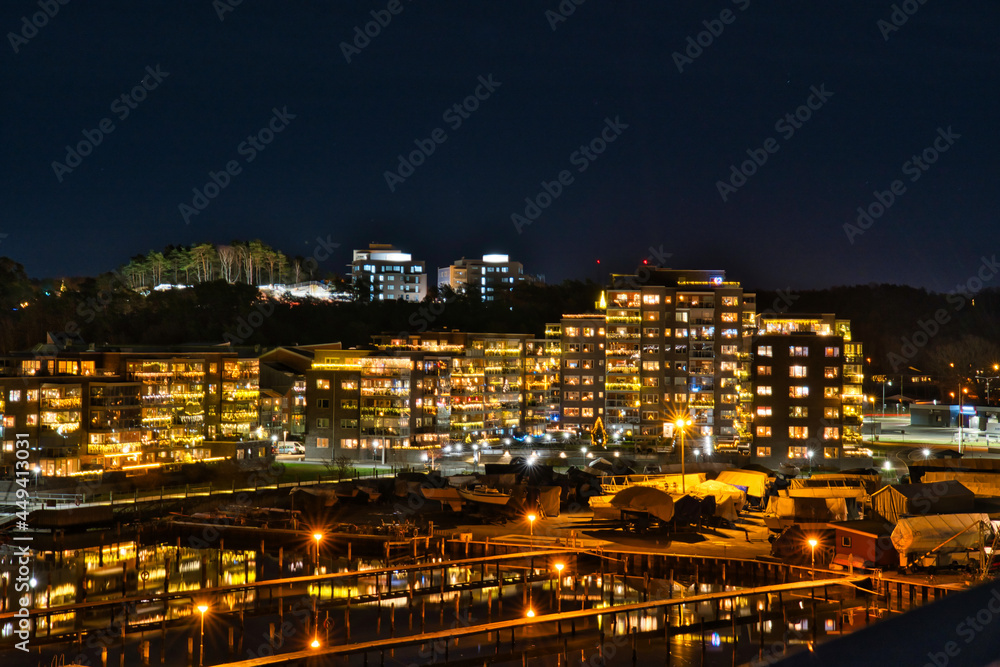 12月のスウェーデンの港町の夜景