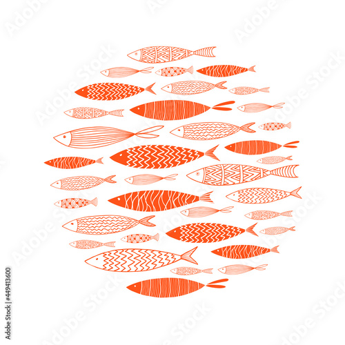 Round pattern with orange fish on a white background