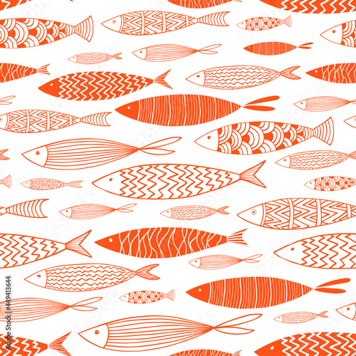 Seamless pattern with orange fishes on a white background