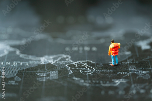 Photography Miniature people Group of young tourist traveler traveling standing on Global ch