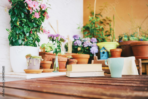 Cozy summer balcony with many potted plants, cup of tea and old vintage book © annanahabed