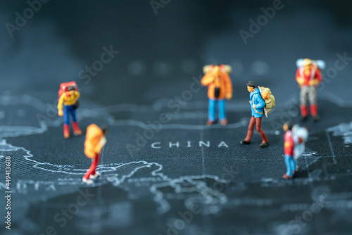 Photography Miniature people Group of young tourist traveler traveling standing on Global ch