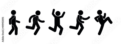 stickman running, stick figure man, icon human silhouette walking