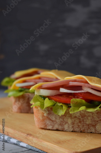 Assorted delicious sandwiches filled with thinly sliced ham, fresh green salad, tomato, cheese and onion arranged in an oblique line on a wooden board with a copy space