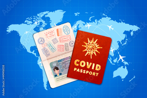 COVID-19 vaccination passport with EU visa on world map with airline routes