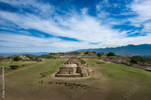 View of the ancient ruins of the Monte Albán pyramid complex in Oaxaca, Mexico photo