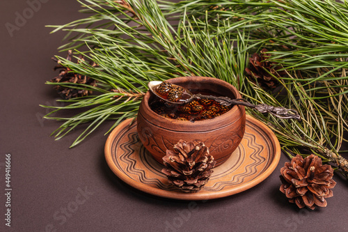 Wallpaper Mural Sweet pine cone jam. Traditional Siberian dessert, fresh evergreen branches Torontodigital.ca